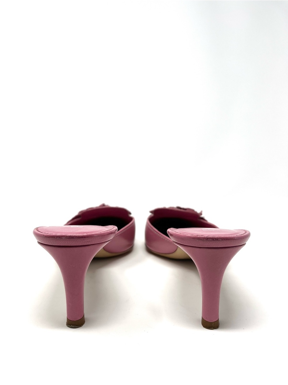 Vintage Prada 90s Pink White Leather Flower Bouquet Mules Kitten Heels 36.5 6.5 - Picture 7 of 12